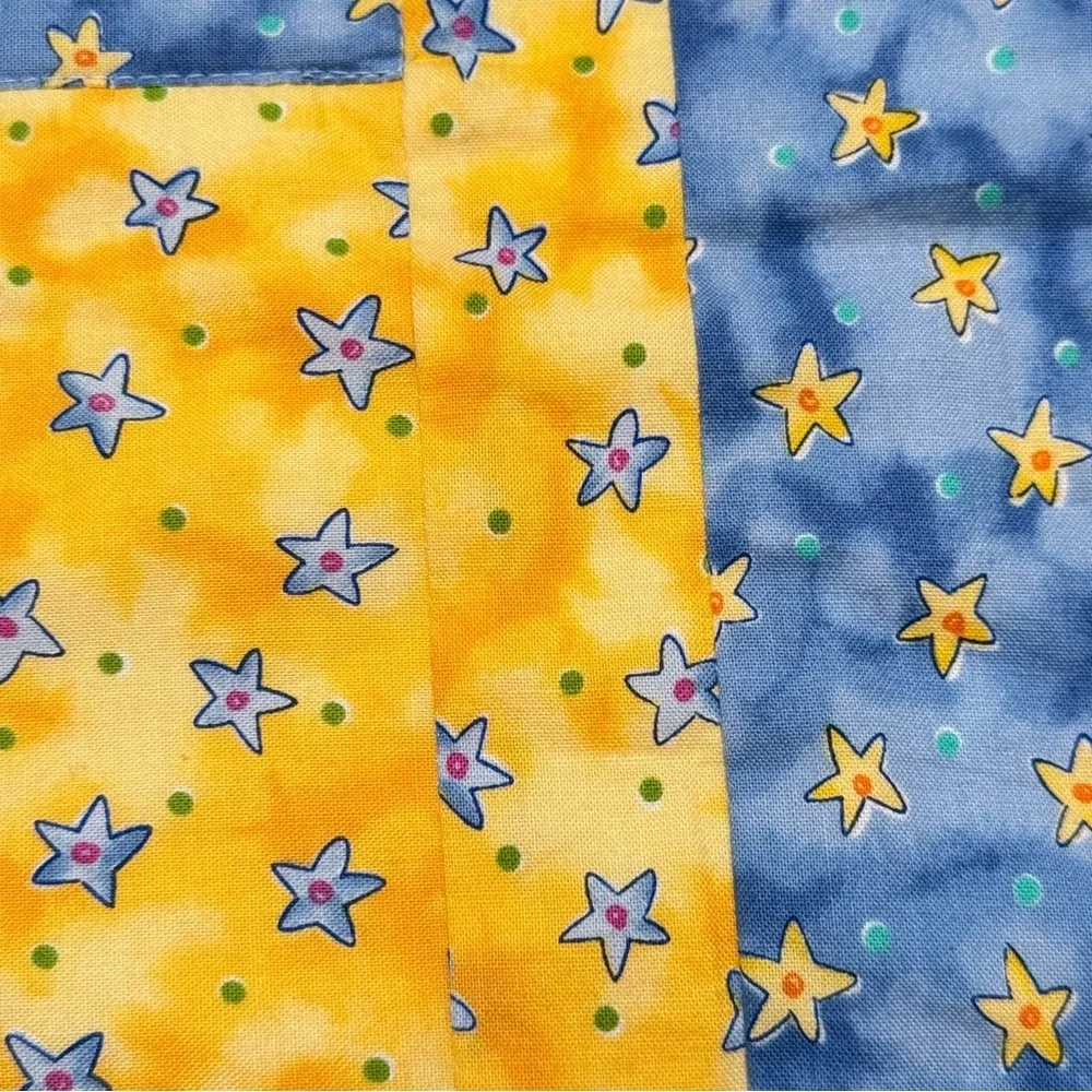 Handcrafted Patchwork Baby Quilt Star Pattern Two Sided Yellow & Blue Unisex